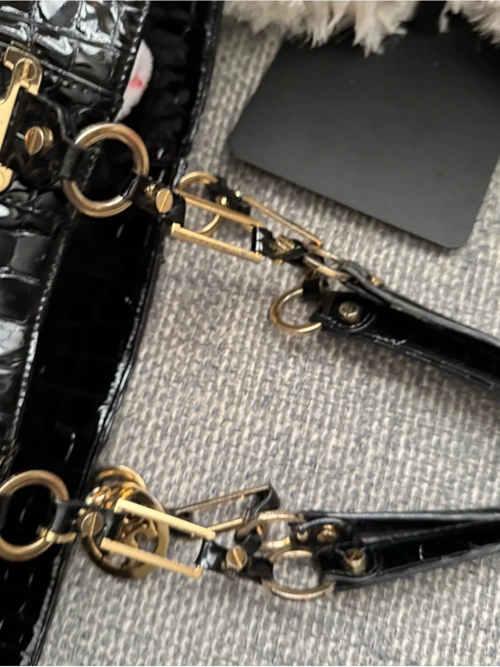 Tory Burch Black Croc-Embossed Patent Leather Tote Shoulder Bag Gold Hardware